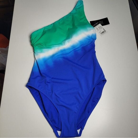 NEW RALPH LAUREN ONE SHOULDER BLUE GREEN OMBRE PIECE SWIMSUIT 4 NWT - Picture 2 of 10